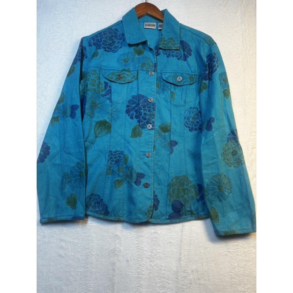 Chico's Women's Jacket M Cotton Button Up Lightweight Floral Blue Turquoise Jean